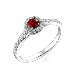 18ct White Gold Ruby & Diamond Halo Cluster Ring - R 0.18 D 0.17