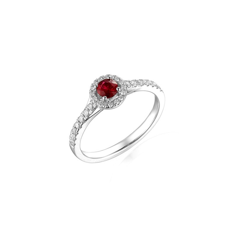 18ct White Gold Ruby & Diamond Halo Cluster Ring - R 0.18 D 0.17