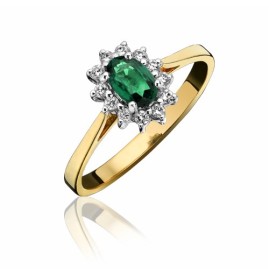 18ct Gold Oval Emerald & Diamond Cluster Ring - E 0.25 D 0.12