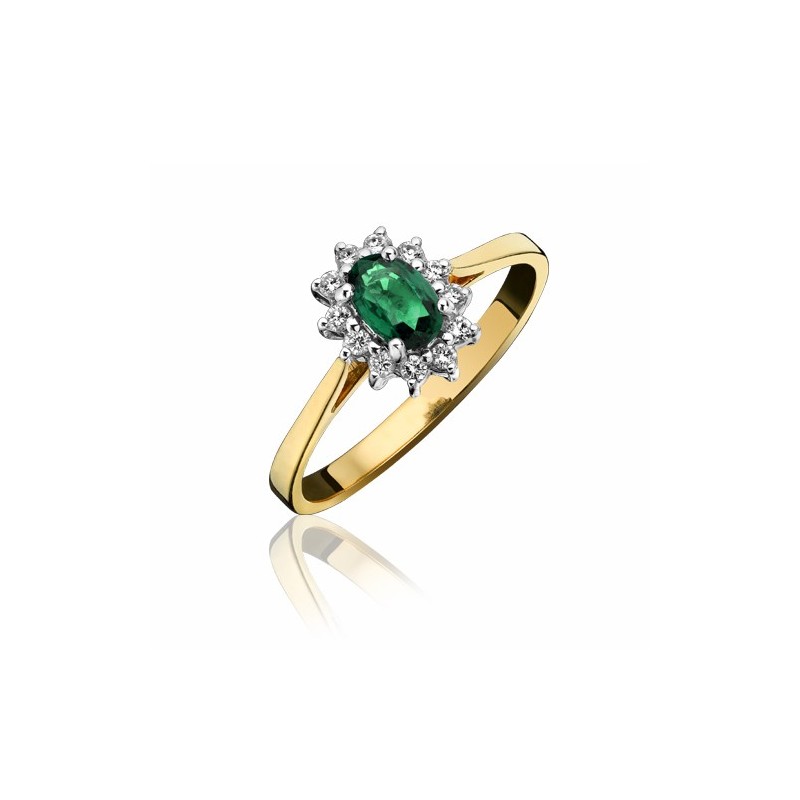 18ct Gold Oval Emerald & Diamond Cluster Ring - E 0.25 D 0.12