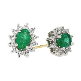 18ct Gold Oval Emerald & Diamond Cluster  Earrings E 0.89 D 0.41