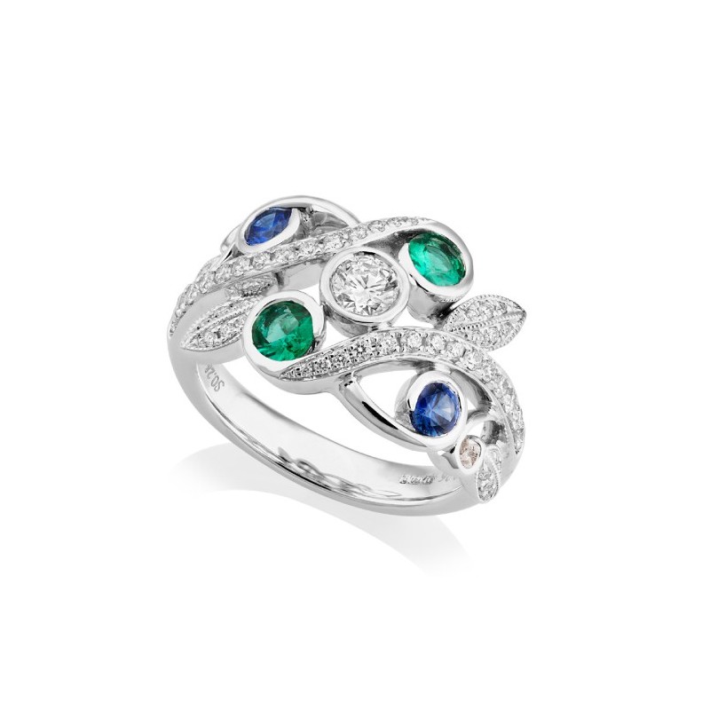 Unique Sparkling Cluster Emerald & Sapphire Ring | Macintyres of Edinburgh