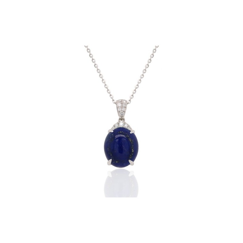 9ct White Gold Lapis Lazuli & Diamond Pendant & Chain - D 0.10ct