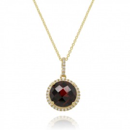 9ct Gold Round Garnet & Diamond Pendant - D  0.15ct