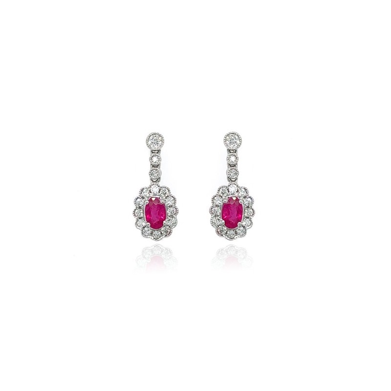 9ct White Gold Ruby & Diamond Scalloped Drop Earrings - 0.35