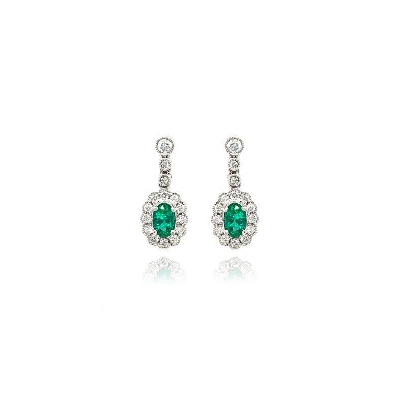 9ct White Gold Emerald & Diamond Scalloped Drop Earrings - 0.35