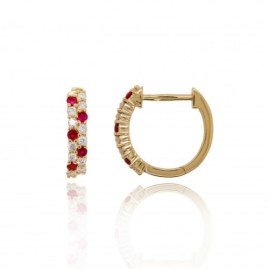 9ct Gold Ruby & Diamond Huggy Hoop Earrings - D 0.22ct