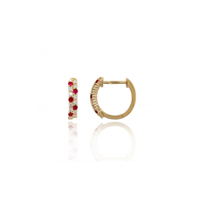 9ct Gold Ruby & Diamond Huggy Hoop Earrings - D 0.22ct