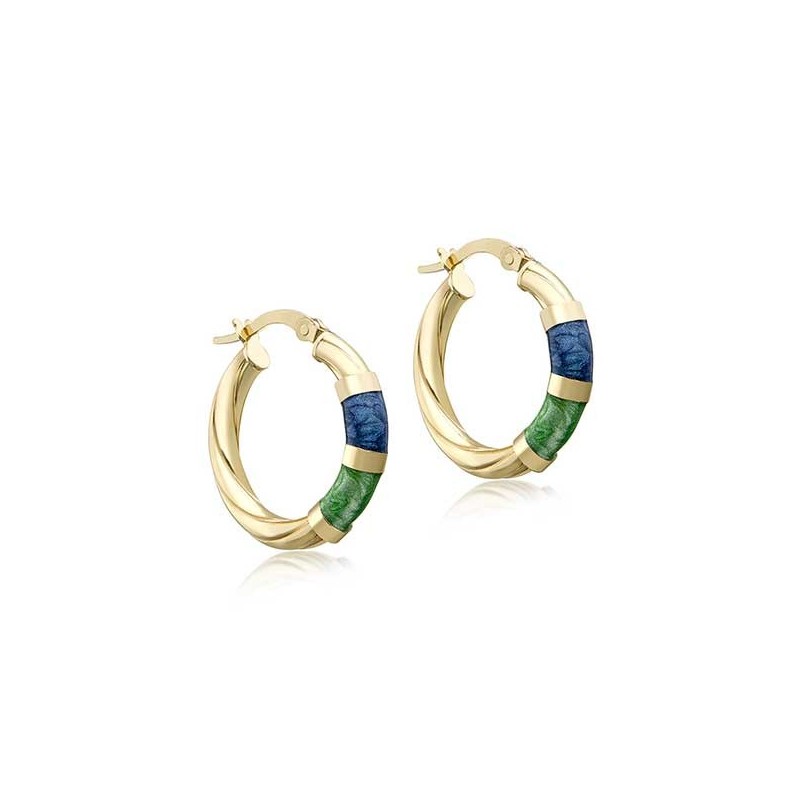 9ct Gold 21.5mm Twist Hoop Creole Earrings Green & Blue Enamel