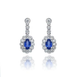 9ct White Gold Sapphire & Diamond Scalloped Drop Earrings - 0.35