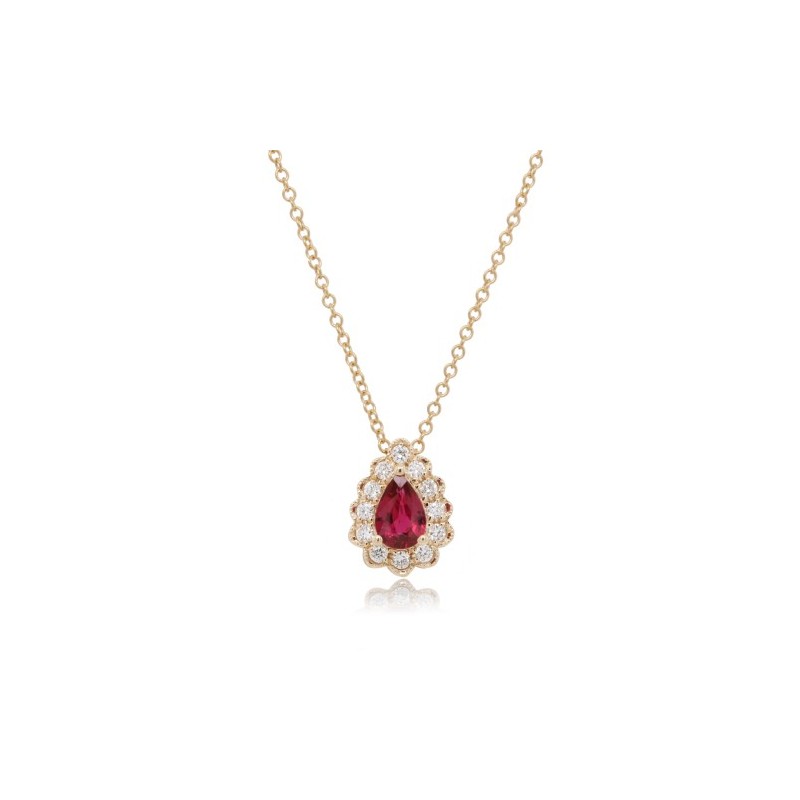 9ct Gold Ruby & Diamond Cluster Necklet R 0.55 D 0.17