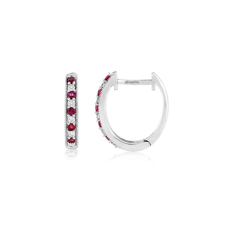 9ct White Gold Ruby & Diamond Hoop Earrings - D: 0.14cts