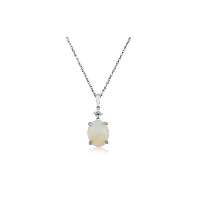 9ct White Gold Opal & Diamond Pendant & Chain - O 2.5ct D 0.05ct