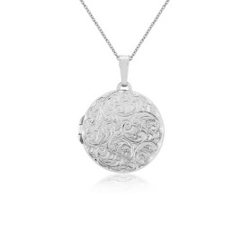 Sterling Silver Engraved Round Locket & Chain