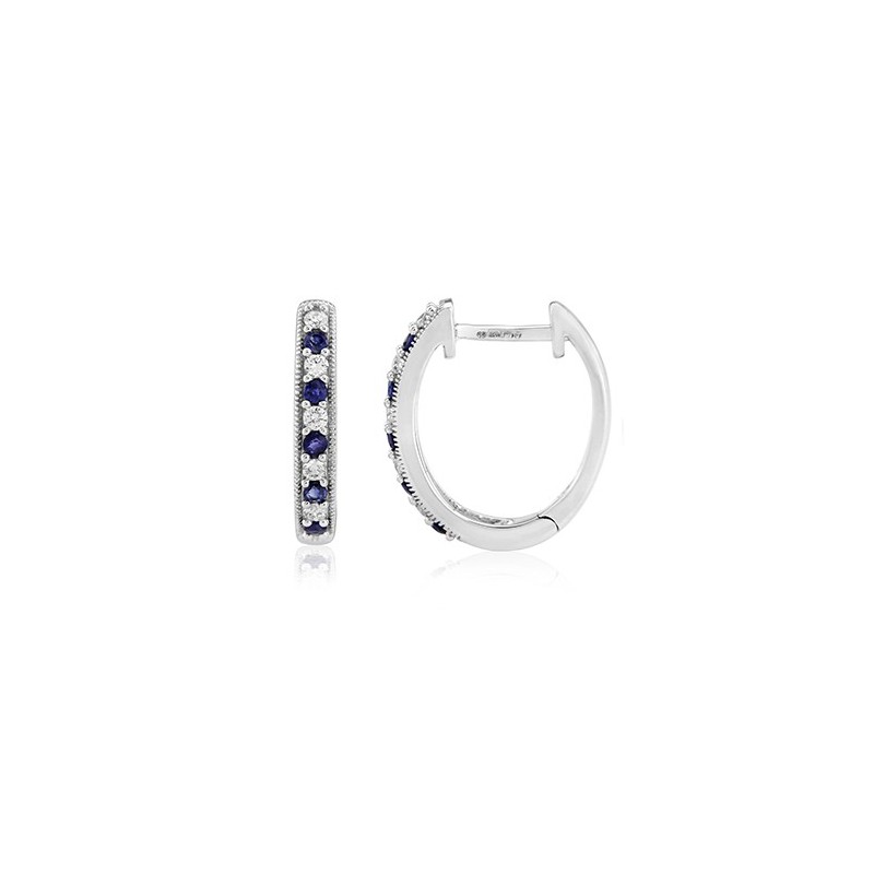 9ct White Gold Diamond & Sapphire Hoop Earrings - D: 0.14cts