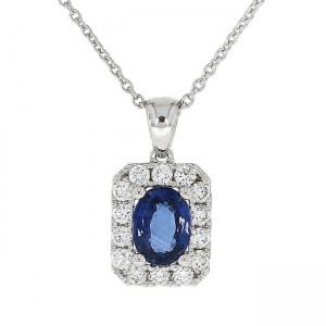 18ct White Gold Sapphire & Diamond Pendant & Chain S 0.96 D 0.35