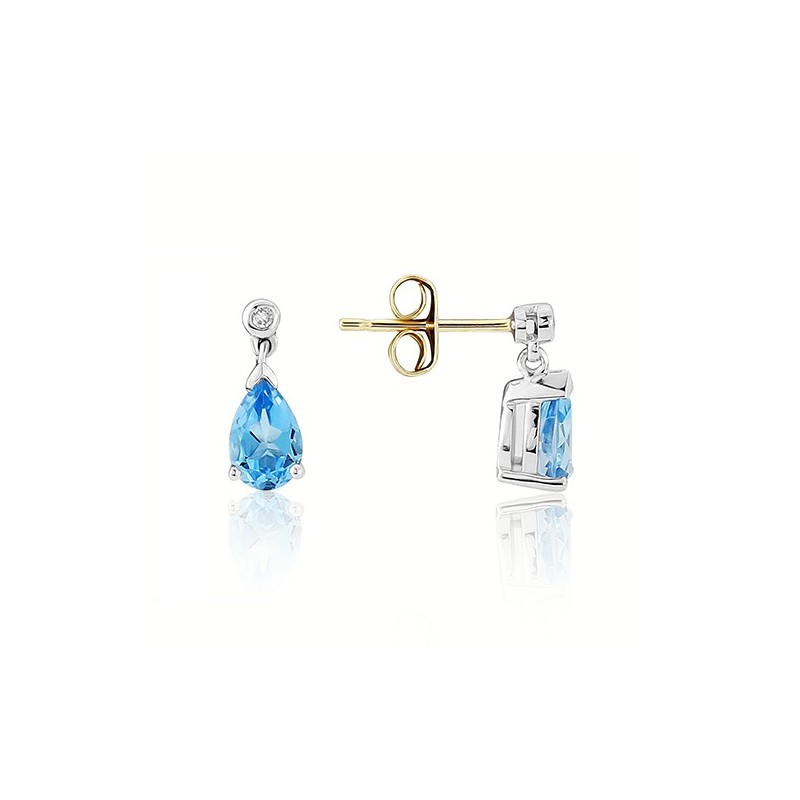 9ct Gold Pear Shaped Blue Topaz & Diamond Earrings BT 0.72 D .02