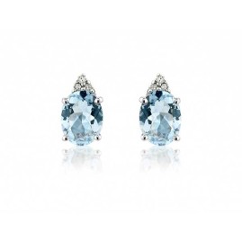 9ct White Gold Aquamarine & Trefoil Diamond Stud Earrings - 0.06