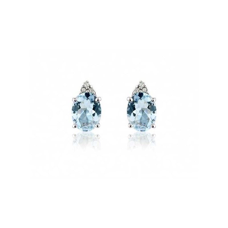 9ct White Gold Aquamarine & Trefoil Diamond Stud Earrings - 0.06