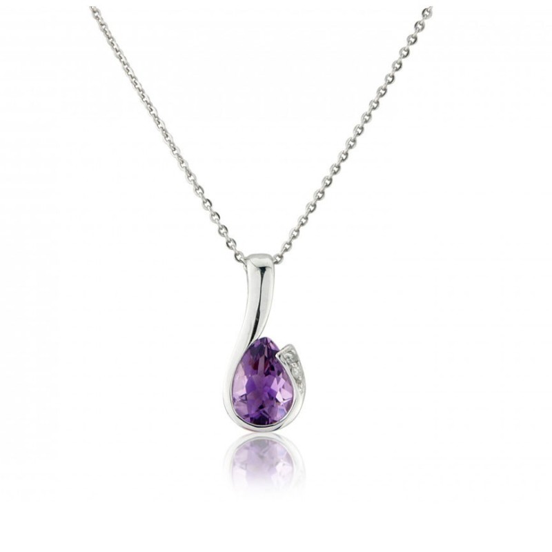 9ct White Gold Pear Shaped Amethyst & Diamond Pendant