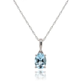 9ct White Gold Oval Aquamarine & Diamond Pendant with Chain