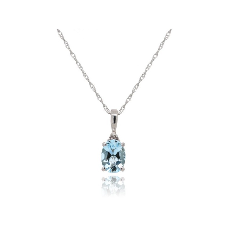 9ct White Gold Oval Aquamarine & Diamond Pendant with Chain