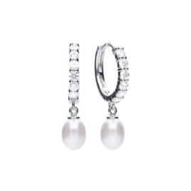 Diamonfire Sterling Silver Pearl & CZ Drop Hoop Earrings - E5898