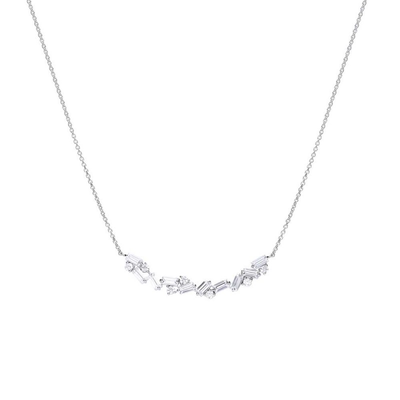 A Diamonfire silver necklace with an irregular cluster of small geometric shapes as a pendant, set along a fine chain.