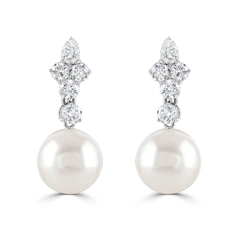 18ct White Gold Pearl & Diamond Drop Earrings - D 1.46 P 11.5mm