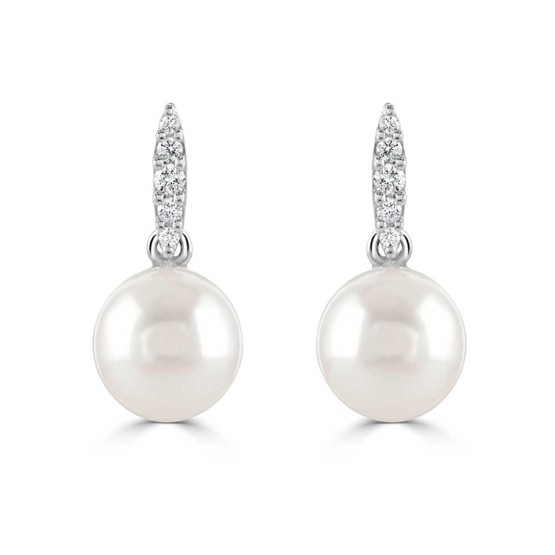 9ct White Gold Pearl & Diamond Drop Earrings - 0.07ct