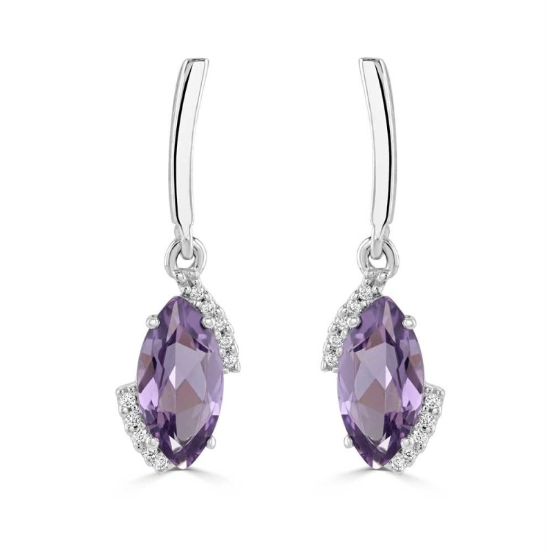 9ct White Gold Amethyst & Diamond Drop Earrings - 0.08ct