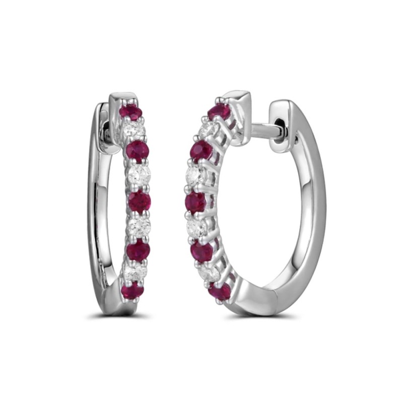 18ct White Gold Ruby & Diamond Huggy Hoop Earrings R 0.19 D 0.11