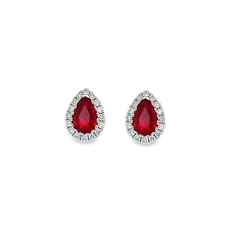 18ct White Gold Ruby & Diamond Cluster  Earrings - R 1.13 D 0.20