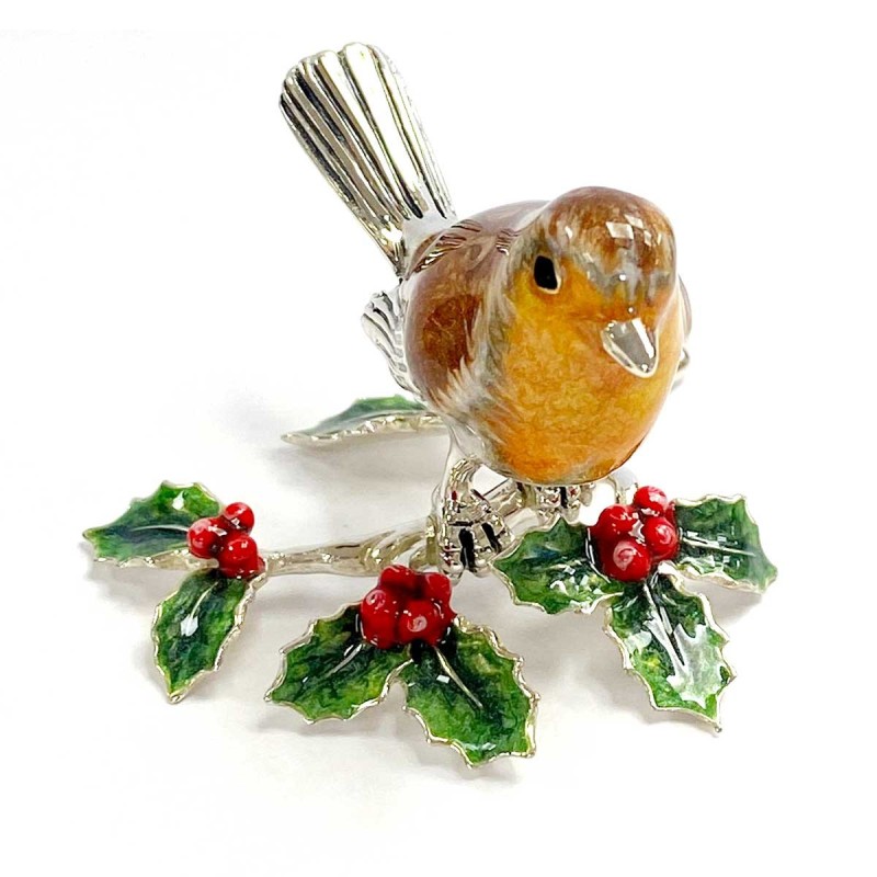 Saturno Sterling Silver Robin on Holly Figurine - 13195