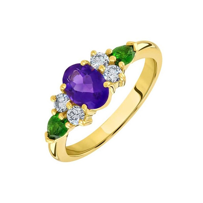 18ct Gold Amethyst,Tourmaline & Diamond Thistle Ring