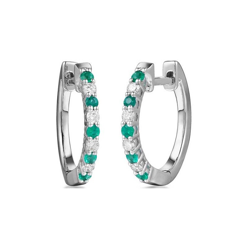 18ct White Gold Emerald & Diamond Hoop Earrings E 0.19 D 0.11