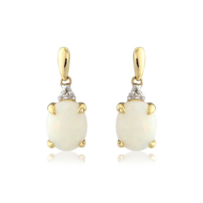 9ct Gold Opal & Diamond Drop Earrings - 0.03ct